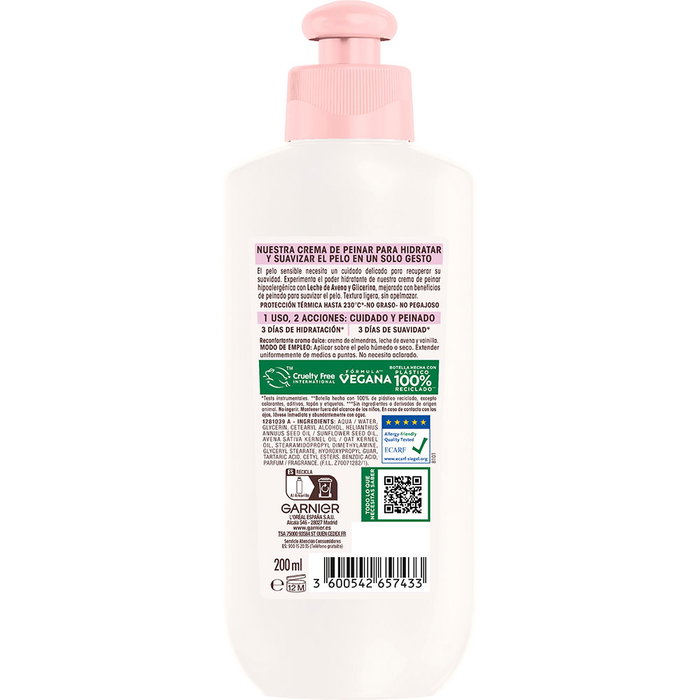 Garnier Crème coiffante 2-en-1 à l'avoine pour cheveux sensibles - Hydratation, protection thermique 230°C, démêlage, formule légère - 200 ml