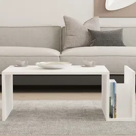 MEMO Table basse blanche avec plateau relevable et rangement intégré, dimensions 86.8 x 32.4 x 50 cm, panneaux 18 mm, étagère 15 cm