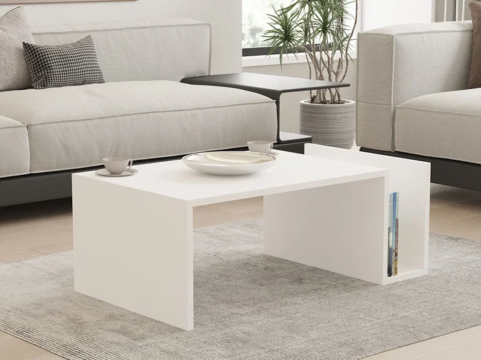 MEMO Table basse blanche avec plateau relevable et rangement intégré, dimensions 86.8 x 32.4 x 50 cm, panneaux 18 mm, étagère 15 cm