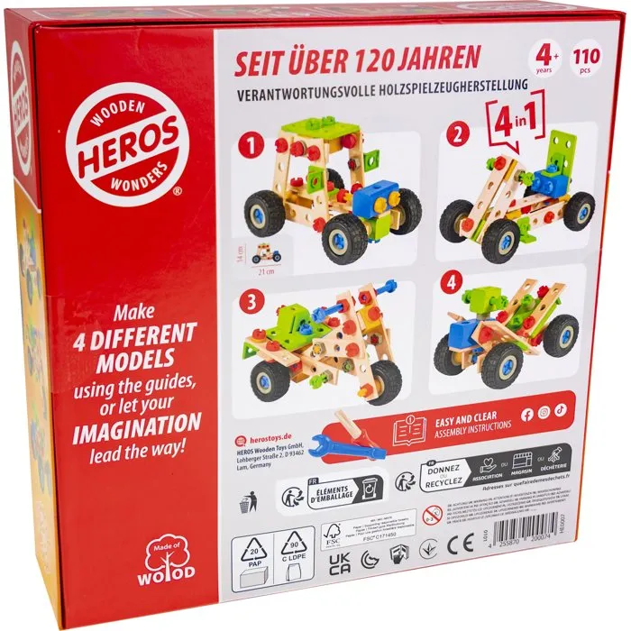 HEROS Constructor - Quad à Construire en Bois 100% FSC - 110 Pièces - Jeu de Construction - À Partir de 4 Ans