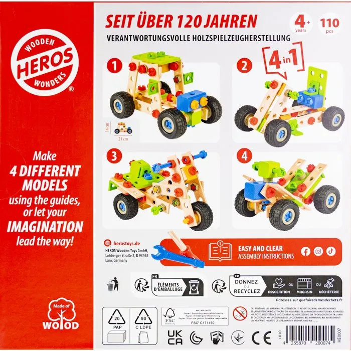 HEROS Constructor - Quad à Construire en Bois 100% FSC - 110 Pièces - Jeu de Construction - À Partir de 4 Ans
