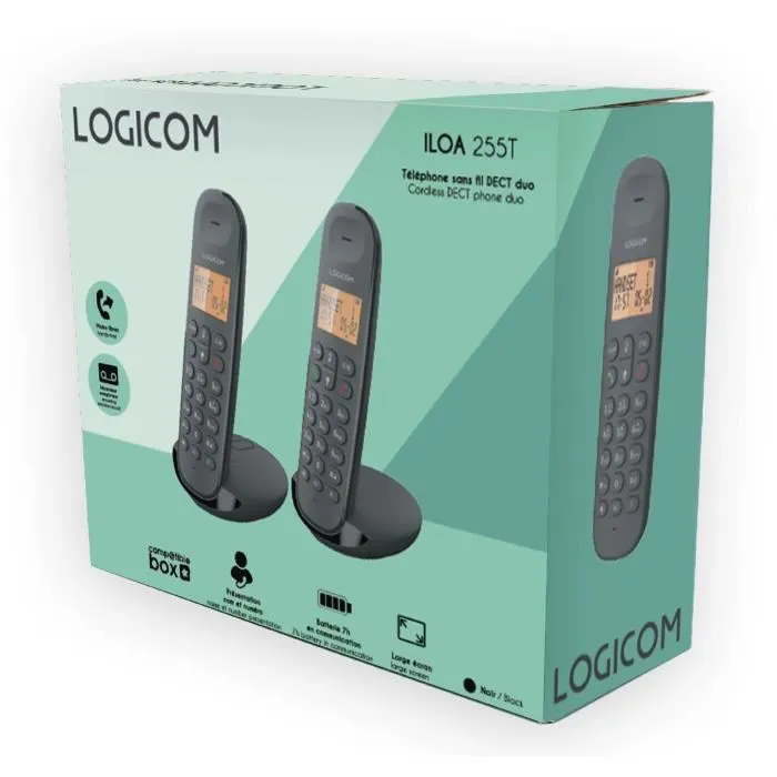 Logicom DECT ILOA 255T DUO Téléphone fixe sans fil avec répondeur, Noir, 5 combinés, autonomie 7h, sonnerie 5 niveaux