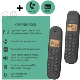 Logicom DECT ILOA 255T DUO Téléphone fixe sans fil avec répondeur, Noir, 5 combinés, autonomie 7h, sonnerie 5 niveaux
