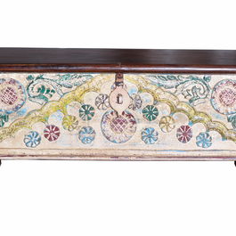 Giner y Colomer Coffre de rangement en bois de manguier, finition multicolore lavée pastel, détails fer, 45 x 116 x 40 cm