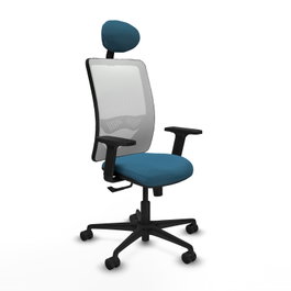 Chaise Zulema Synchro 3 positions tissu Vert pétrole Maille Blanc Base en nylon noir Accoudoir 2D Appui-tête Roulettes 65mm nylon