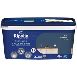 Ripolin - Peinture Cuisine et Bain 2 L Bleu de Bering pour Murs, Bois, Plafonds, Radiateurs - Résistante Taches, Antifongique, Biosourcée