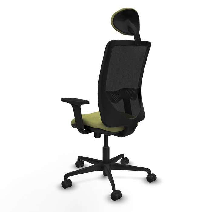 Chaise Zulema Synchro 3 positions tissu Vert olive Maille Noir Base en nylon noir Accoudoir 2D Appui-tête Roulettes 65mm nylon