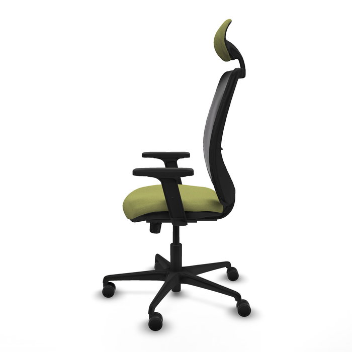 Chaise Zulema Synchro 3 positions tissu Vert olive Maille Noir Base en nylon noir Accoudoir 2D Appui-tête Roulettes 65mm nylon