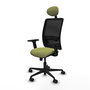 Chaise Zulema Synchro 3 positions tissu Vert olive Maille Noir Base en nylon noir Accoudoir 2D Appui-tête Roulettes 65mm nylon