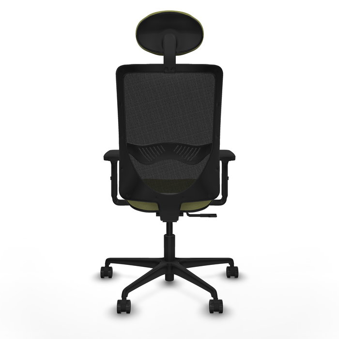 Chaise Zulema Synchro 3 positions tissu Vert olive Maille Noir Base en nylon noir Accoudoir 2D Appui-tête Roulettes 65mm nylon