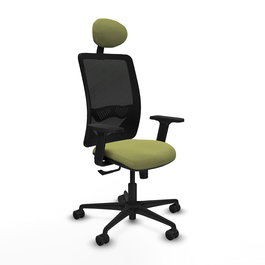 Chaise Zulema Synchro 3 positions tissu Vert olive Maille Noir Base en nylon noir Accoudoir 2D Appui-tête Roulettes 65mm nylon