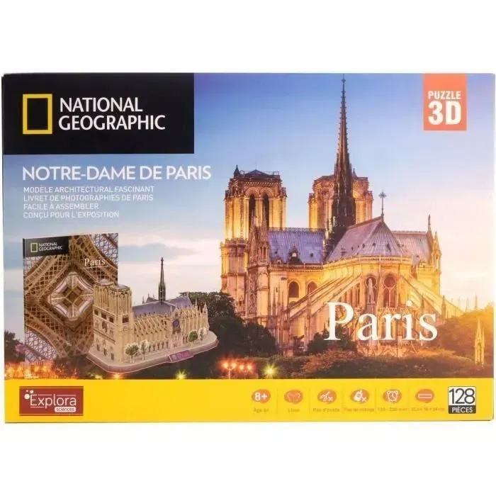 Explora - Puzzle 3D Notre-Dame de Paris - Jeu de construction éducatif - 128 pièces - Dès 8 ans - 35 cm - Livret National Geographic
