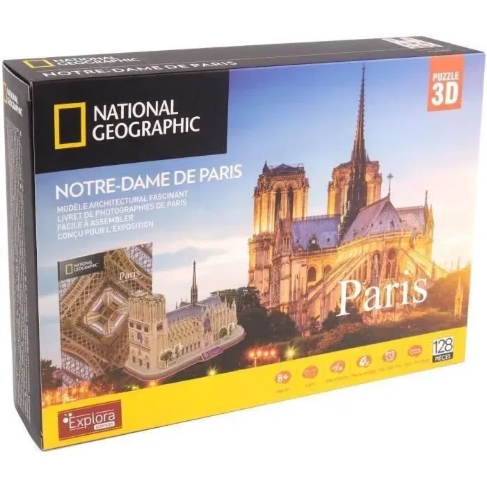 Explora - Puzzle 3D Notre-Dame de Paris - Jeu de construction éducatif - 128 pièces - Dès 8 ans - 35 cm - Livret National Geographic