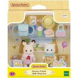Sylvanian Families - 5747 - Duo Bébés Lapin Chocolat et Chat Persan en Promenade avec Accessoires pour Crèche (Figurines Articulées)