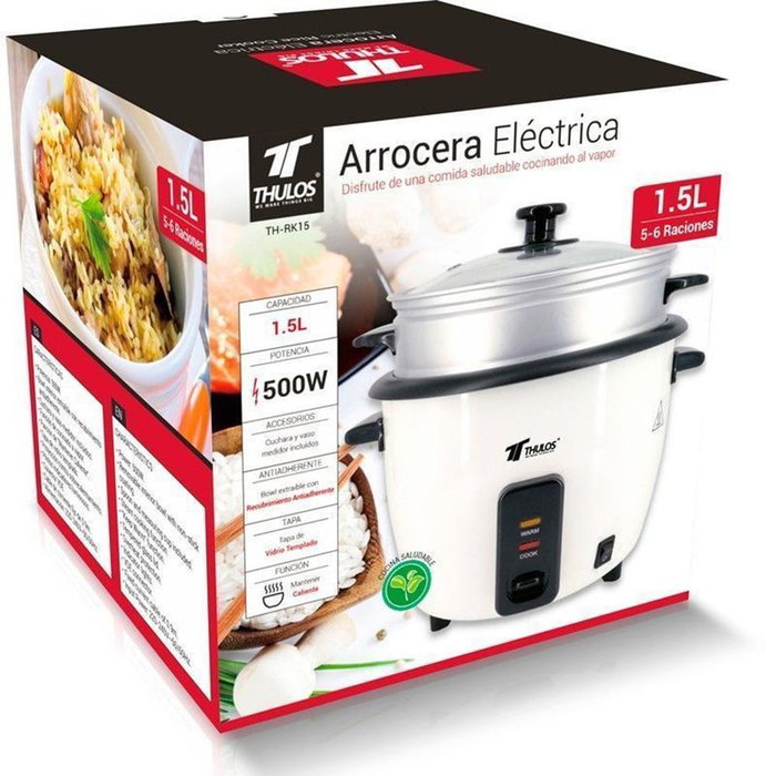 Thulos TH-RK15 Cuiseur de riz électrique 1.5L 500W, antiadhésif, cuisson vapeur, maintien au chaud
