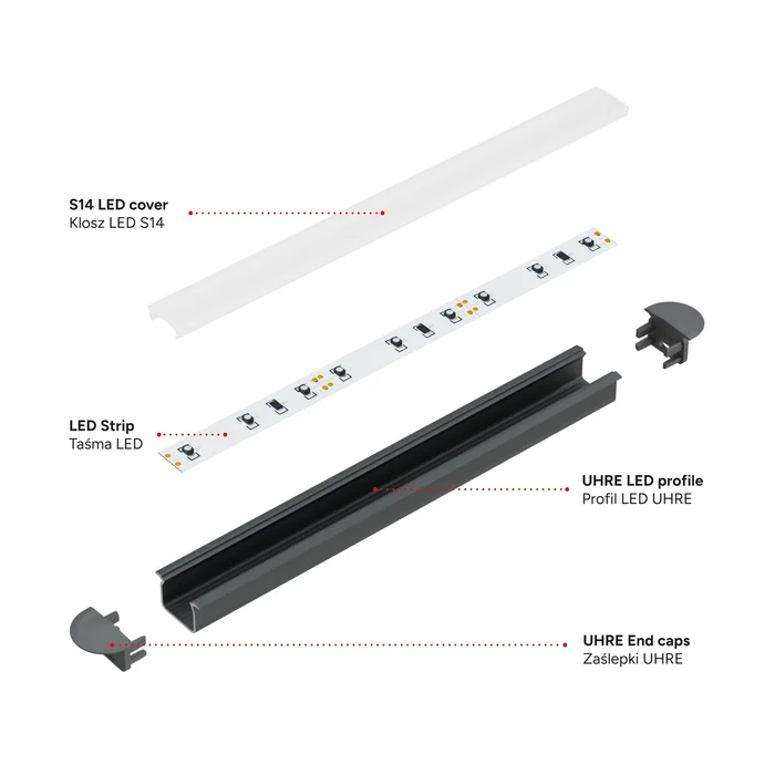 KIMERA UHRE Profilé Aluminium Anodisé Noir avec Diffuseur Opal, Tapons et Clips de Fixation 2,02M