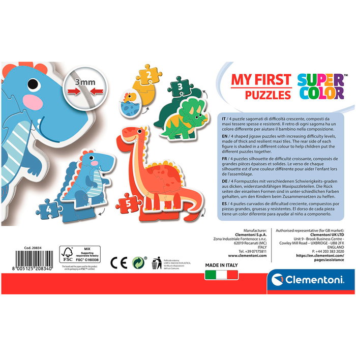 Clementoni My First Puzzle Dinosaurios 20834 - Puzzle progressif premier âge avec 4 puzzles de 3, 6, 9 et 12 pièces - Découverte des dinosaures pour enfant dès 2 ans