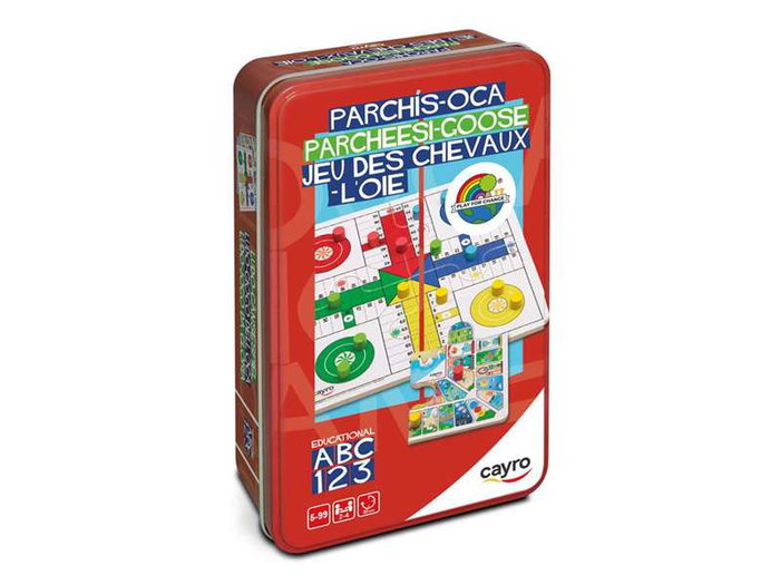 Cayro - Jeu de société en bois Parchís et Oca (jeu de l'oie) dans boîte métal - Dimensions 12x19,5x5 cm - Instructions multilingues incluant français Cayro - Jeu de société en bois Parchís et Oca (jeu de l'oie) dans boîte métal - Dimensions 12x19,5x5 cm - Instructions multilingues incluant français