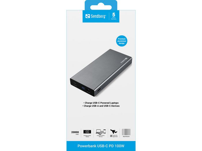 Sandberg Powerbank USB-C PD 100W 20000 mAh - Batterie Externe Rapide en Aluminium pour Ordinateur Portable, Recharge USB-C/USB-A