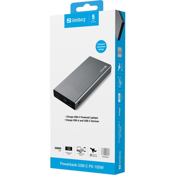 Sandberg Powerbank USB-C PD 100W 20000 mAh - Batterie Externe Rapide en Aluminium pour Ordinateur Portable, Recharge USB-C/USB-A
