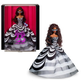 Mattel - Poupée Barbie Signature 65ème Anniversaire - Édition Châtain Hrm59 - Poupée Collection en Noir et Blanc avec Accents Saphir - Avec Socle et Certificat