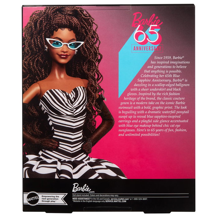Mattel - Poupée Barbie Signature 65ème Anniversaire - Édition Châtain Hrm59 - Poupée Collection en Noir et Blanc avec Accents Saphir - Avec Socle et Certificat
