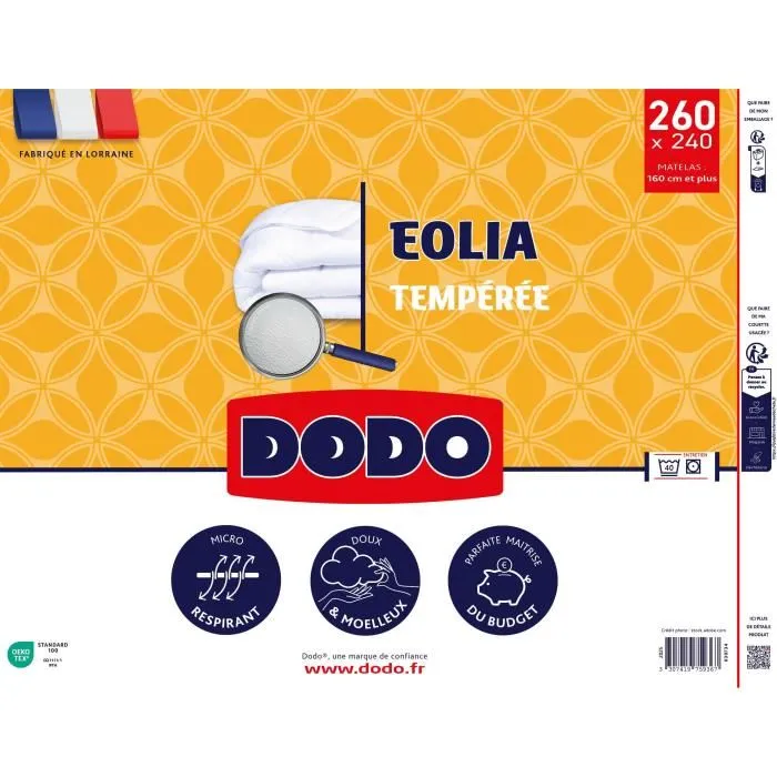 Dodo Couette Tempérée Eolia 300 g/m² - 240 x 260 cm - Blanc - Pour lit King Size