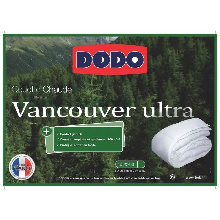 Dodo Couette Vancouver Ultra 140x200 cm - Chaude pour Dormeurs Frileux, Garnissage Volupt'Air, Enveloppe Polyester Peau de Pêche, Lavable Machine 40°C