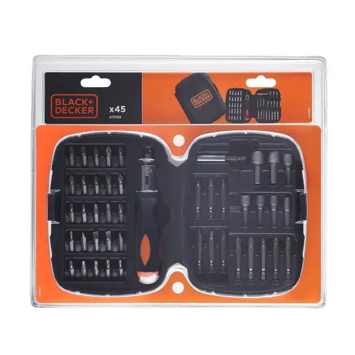 BLACK+DECKER A7039-XJ Kit de tournevis à cliquet et embouts, 45 pièces avec porte-embout magnétique, douilles, pour bricolage (métal/plastique)