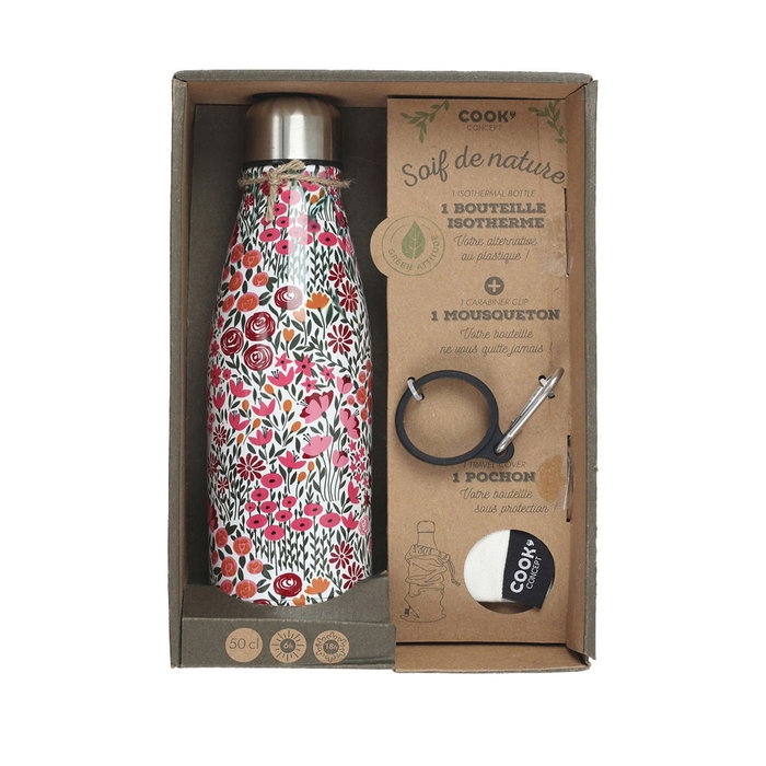 Cook Concept Bouteille isotherme à double paroi 500 ml - Design fleurs - Maintient boissons chaudes 6h et froides 18h - Acier inoxydable