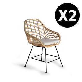 GINER Y COLOMER Lot de 2 Chaises en Rotin et Métal avec Coussin Inclus - 88 x 66 x 63 cm - Naturel - Design Artisanal - Montage Requis