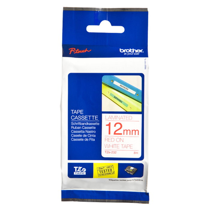 Brother Ruban Laminé TZE-232 Rouge sur Blanc 12 mm