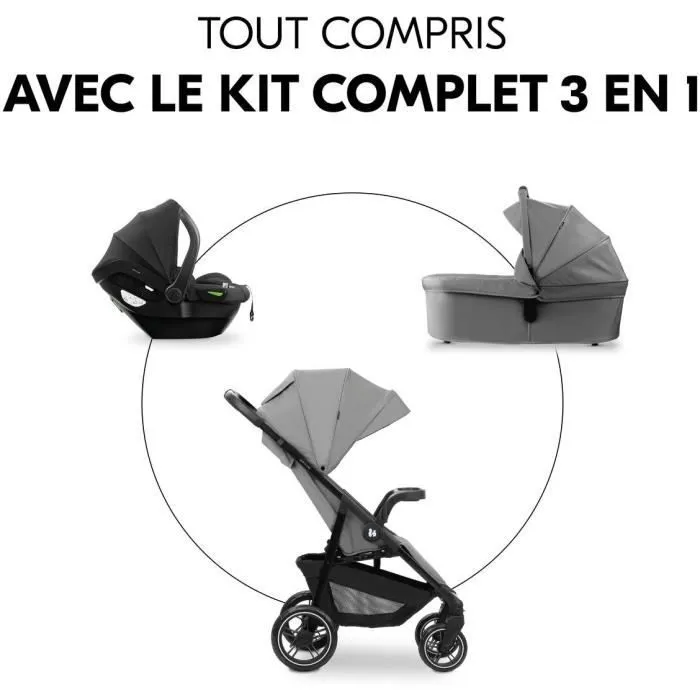 Hauck Shop N Care Trio - Ensemble de voyage 3-en-1 Poussette Nacelle Cosy - Adaptateurs inclus - 4 roues Anti-crevaison - Gris - Jusqu'à 22 kg