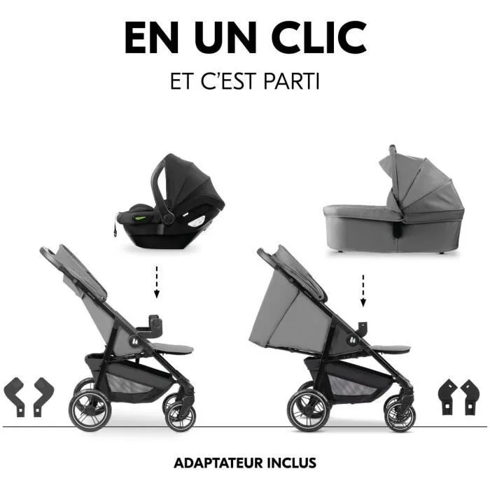 Hauck Shop N Care Trio - Ensemble de voyage 3-en-1 Poussette Nacelle Cosy - Adaptateurs inclus - 4 roues Anti-crevaison - Gris - Jusqu'à 22 kg