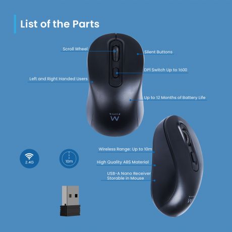 Ewent EW3218 Souris optique sans fil 2.4 GHz, noir, réglage DPI 800/1200/1600, clics silencieux