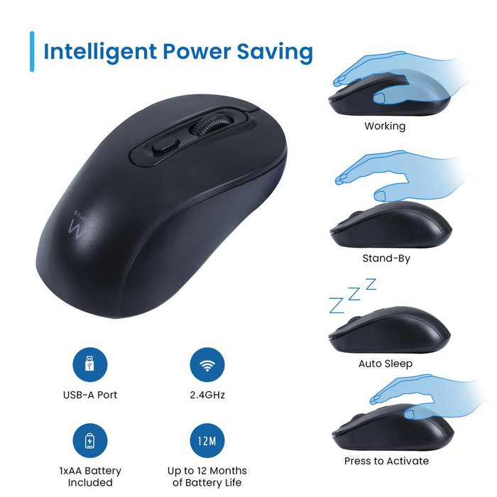 Ewent EW3218 Souris optique sans fil 2.4 GHz, noir, réglage DPI 800/1200/1600, clics silencieux