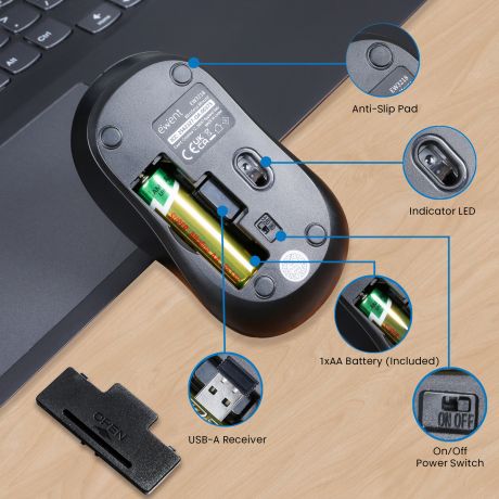 Ewent EW3218 Souris optique sans fil 2.4 GHz, noir, réglage DPI 800/1200/1600, clics silencieux