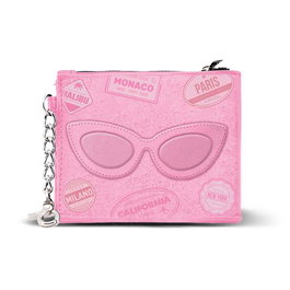 Barbie - Porte-monnaie et porte-cartes de voyage avec fenêtre avant, poche zippée, intérieur doublé, chaîne latérale et porte-clés - En PVC et polyester - Dimensions : 9 x 11 x 1 cm