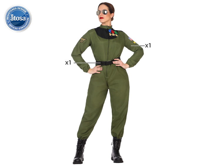 Déguisement Pilote Militaire Femme Adulte en Polyester Vert Taille XL - 2 Pièces avec Ceinture