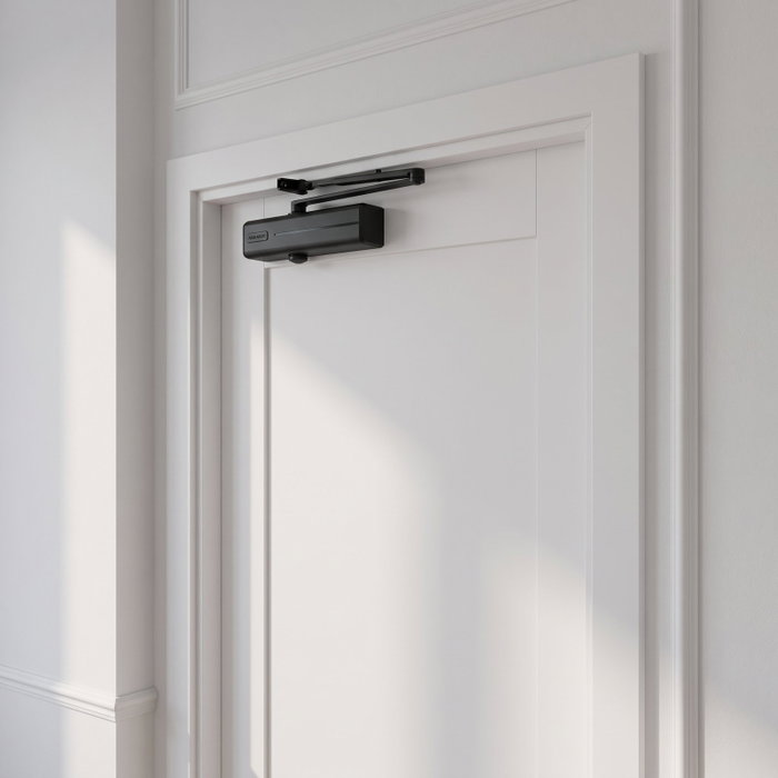 DUVER DC120 Ferme-porte à pignon-crémaillère avec bras articulé et retenue, Noir DUVER DC120 Ferme-porte à pignon-crémaillère avec bras articulé et retenue, Noir