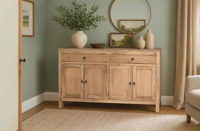 GINER Y COLOMER Buffet en bois massif de mindi design naturel - 2 tiroirs et 4 portes avec rangement spacieux pour salon ou salle à manger