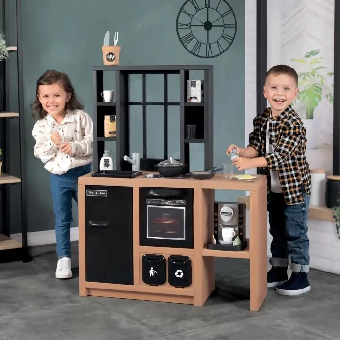 Smoby Cuisine pour enfants Loft avec 32 accessoires, design industriel, plan de travail 50 cm, à partir de 3 ans