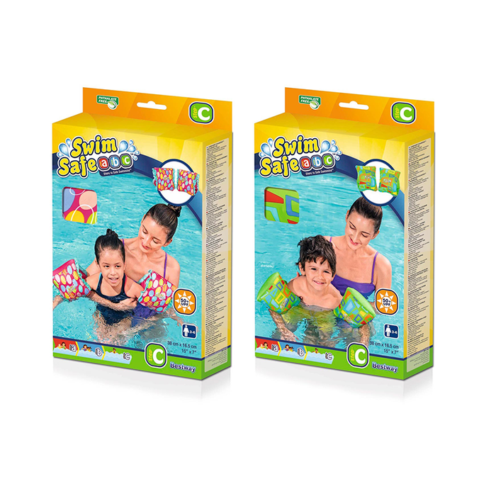 Bestway 32183 Manguitos Gonflables Tissu Doux Sécurité Bébé Couleur Assortie UPF 50+ 38x16,5 cm 3-6 Ans Plage et Piscine