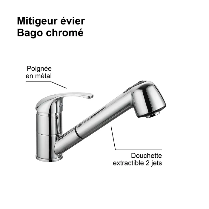 Edouard Rousseau BAGO - Mitigeur de cuisine chromé à douchette extractible avec 2 jets - Flexible inox 1,20 m