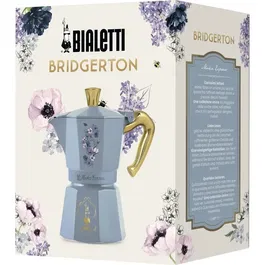 Bialetti Moka Express Collection Bridgerton Cafetière Italienne 6 Tasses 250 ml Bleu Fleurs avec poignée dorée