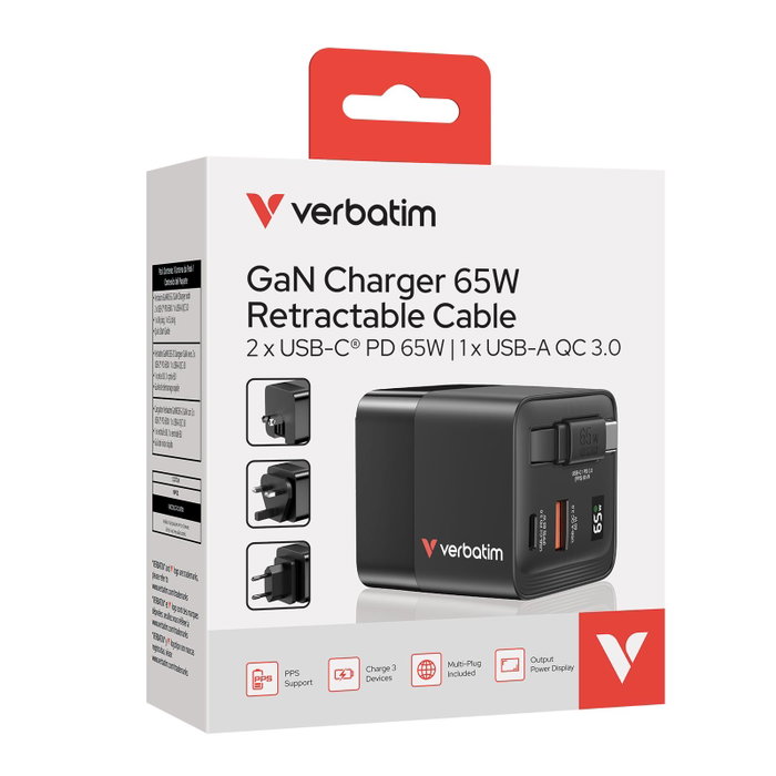 Verbatim Chargeur GaN 65 W avec câble rétractable, USB-C et USB-A, Noir
