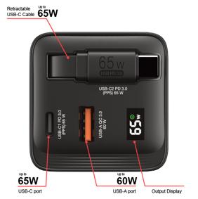 Verbatim Chargeur GaN 65 W avec câble rétractable, USB-C et USB-A, Noir
