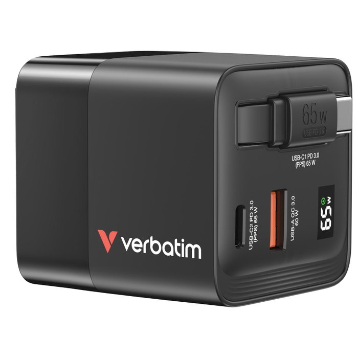 Verbatim Chargeur GaN 65 W avec câble rétractable, USB-C et USB-A, Noir