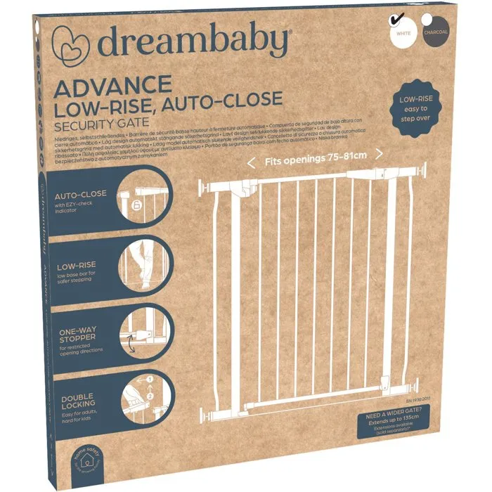Dreambaby Barrière de sécurité Advance Auto-Close à base basse pour ouvertures 75-81 cm, 76 cm de haut - Finition blanche - Installation facile sans perçage
