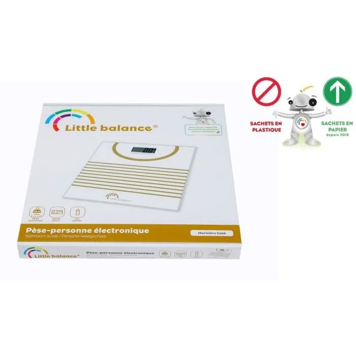 Little Balance Pese personne électronique design Mariniere Gold par Delphine Ribeyre - Balance extra plate 17 mm, plateau verre 300x300 mm, écran LCD, 180 kg/100 g - Garantie 5 ans